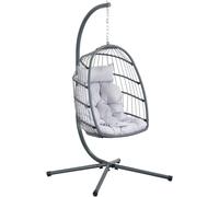 Poltrona a Dondolo Sospesa in Rattan Grigio con Cuscini e Portata 140 kg