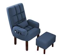 Poltrona con poggiapiedi, comoda sedia con gambe in legno, sedia operativa in cotone e lino traspirante, sedia da ufficio, schienale reclinabile, design ergonomico/blu