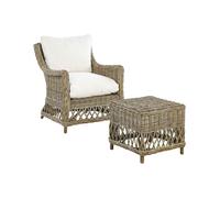 Poltrona da giardino in rattan naturale con cuscini in cotone bianco Ribolla