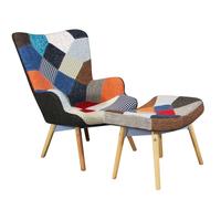 Poltrona da interno con poggiapiedi in tessuto pathcwork struttura in acciaio e legno seduta multicolor Fantasy