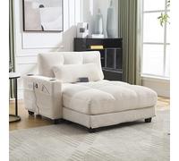 Poltrona di palma beige, soffici cuscini a righe, polsi con imbottiture rotanti, alette per la testa, tre tazze e una tasca laterale per pantaloni, si adattano a un soggiorno e una camera da letto.