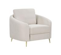 Poltrona in tessuto bou eige chiaro con gambe curve dorate e seduta morbida