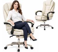 BAKAJI Poltrona Presidenziale con Testina Massaggiante e Poggiapiedi Estraibile, Sedia da Scrivania con Rivestimento in Ecopelle e Braccioli Ergonomici, Ideale per Ufficio, Cameretta (Beige)