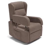 Poltrona relax elettrica Bilbao per anziani, 2 motori, 2 o 4 ruote, reclinazione alzapersona, kit optional batteria, braccioli estrabili e tavolino opzionale (BASE + BATTERIA, Fango)
