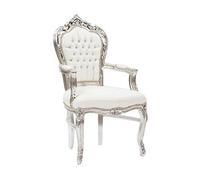 Poltrona sedia con braccioli stile Barocco Moderno, struttura in foglia d'argento e rivestimento in ecopelle bianca, trapuntatura impreziosita con gemme