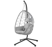 BAKAJI Poltrona Sospesa da Giardino Sedia Dondolo Amaca Pensile da Esterno Struttura in Metallo Nido in Rattan e Corda + Cuscino Seduta Imbottito e Poggiatesta 198 x 110 x 95 cm (Grigio)