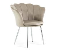 Poltroncina imbottita con schienale a conchiglia in velluto con gambe cromate e cuscino, poltrona da salotto, camera da letto e sala da pranzo Shelly (Gambe Argento, Velluto Beige)