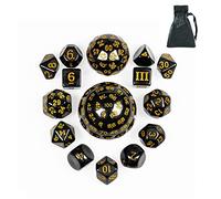 Poludie Set di 15 dadi poliedrici D3-D100 sferici per D&D con borsa per dadi Dragon Eye, D100, per giochi di ruolo da tavolo (nero con numeri gialli)