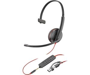 Poly Blackwire 3215 USB-C Jack Cuffia con microfono con audio HD e protezione acustica, offrendo totale flessibilità grazie alla sua tripla