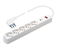 POLY POOL - PP2536 Ciabatta Multipresa Elettrica 5 Prese Schuko Multistandard Bivalent 10/16A + 2USB C)- Spina Salvaspazio 10A - Multipresa con 1 Interruttori - Ciabatta con Interruttore Bianca