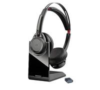 Poly Voyager Focus UC, Cuffia Senza Filo, Connessione Bluetooth 4.0, Dongle USB-A e USB-C, Cuscinetti in Similpelle, Autonomia 12 Ore, Base di Ricarica, Compatibile con Windows 10 e macOS, Nero