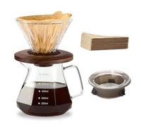 Polydremio Caffettiera Pour Over, caraffa in vetro borosilicato da 600 ml, con 100 filtri di carta misura 02, manico in noce e coperchio in vetro, 600 ml, trasparente