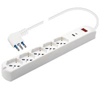 POLYPOOL Presa multipla 250V con 5 prese “grandi” pluristandard 10/16A 2P+T, 1,5 m cavo spina “piccola” salvaspazio 10A interruttore di sicurezza. 2 USB 5V 3.4A max, bianco