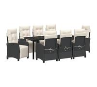 Polyrattan Acciaio resistente Design moderno regolabile 9 pezzi Nero | Set da Pranzo Giardino 9 Pezzi con Cuscino Poly Rattan Nero Tavolo Vetro Acciaio Regolabile per Esterno Terrazza