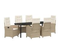 Polyrattan beige con cuscini 7 pezzi impilabili tavolo in vetro temperato | Set da Pranzo Giardino 7 Pezzi con Cuscino Beige Polyrattan Tavolo Vetro Sedie Impilabili Relax Esterno