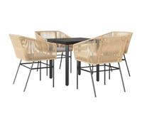 Polyrattan con piano in vetro temperato da esterno 5 pezzi Marrone | Set da Pranzo da Giardino 5pz con Cuscini Polyrattan e Vetro per Esterno Tavolo e 4 Sedie con Braccioli