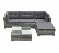 Polyrattan grigio Modulare angolare con tavolino in vetro 5 Pezzi 48.1 | Set Divani da Giardino 5 pezzi con Cuscini in Polyrattan Grigio, Salotto Outdoor Modulare con Tavolino in Vetro e