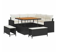 Polyrattan intrecciato con legno di acacia per terrazzo moderno 8 pezzi | Set Divano da Giardino 8 pcs Nero Polyrattan Salotto Esterno con Cuscini Tavolino Acacia Relax Terrazza Balcone Completo