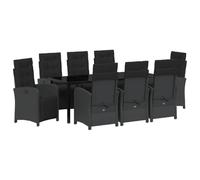 Polyrattan intrecciato con piano in vetro temperato per terrazza e patio | Set da Pranzo Giardino 9 Pezzi con Cuscino Nero Polyrattan Tavolo Vetro Temperato 8 Sedie Regolabili per Esterno Terrazza