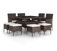 Polyrattan Marrone con Struttura in Acciaio Set 9 Pezzi con Tavolo 120x120 | Set da Pranzo Giardino 9 Pezzi Polyrattan Marrone con Cuscini Tavolo in Vetro Temperato Completo Outdoor con 4 Sedie e 4 Pouf