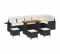 Polyrattan modulare design per terrazze 10 pezzi Nero e Bianco crema | Set Divano da Giardino 10 Pezzi Nero Polyrattan con Tavolo, Angolare, Sgabelli, Legno Acacia, Modulare per Terrazza e Veranda