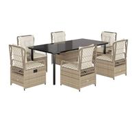 Polyrattan set da pranzo 7 pezzi con cuscini beige regolabili bianco crema | Set da Pranzo Giardino 7 Pezzi Polyrattan con Cuscini Beige e Tavolo in Vetro Temperato, Sedia Reclinabile Regolabile per