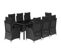 Polyrattan Set Pranzo 9 Pezzi Cristallo Temperato Reclinabili Giardino Nero | Set da Pranzo Giardino 9 Pezzi con Cuscini e Tavolo in Cristallo Polyrattan Nero, Sedie Reclinabili con Poggiapiedi, per