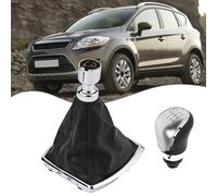 Pomello del cambio e leva del cambio per Ford Kuga 2008-2012, pomello del cambio a 5/6 marce con manicotto cromato, struttura in plastica e pelle, nero + argento (6 velocità)