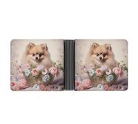 Pomeranian Puppy Basket Flowers Portafoglio Bifold in pelle sottile porta carte di credito carino borsa, Stile:, Taglia unica