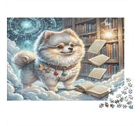 Pomeranian Puzzle in cartone Pomeranian nella biblioteca magica con libri puzzle classico adatto ai principianti stimolante mentale 52x38cm/1000 pezzi