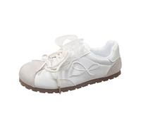POMN Sweet Kawaii - Scarpe da ginnastica da donna, in finta pelle scamosciata, con fiocco e lacci, per un comfort estetico quotidiano, casual, primavera e autunno, Beige, 34 EU
