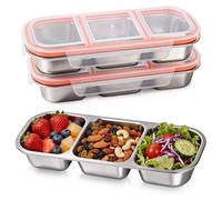 Pomodee 3 Pezzi Lunch Box in Acciaio Inox con 3 Scomparti e Coperchio Trasparente, Impilabile, a Prova di Perdite - Bento Box Porta Pranzo Snack Box per Bambini, Scuola, Lavoro, Campeggio, 600 ml