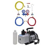 Pompa a vuoto da 100 l/min con distributore a 2 vie, set per climatizzatori, alloggiamento in alluminio, 220 V, potenza motore 1/2 HP, con valigetta per il trasporto e flaconi dell'olio