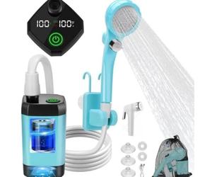 Pompa per doccia ricaricabile per esterni con uscita 6L/min, schermo LCD, 5 pressioni regolabili, 4 modalità di spruzzo, montaggio a ventosa (6000 mAh blu)