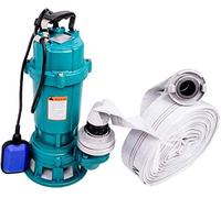 Pompa sommersa 1500 W IBO 1,5 kW con tritatutto + 2" Storz C + 50 m tubo pompa acqua fecale, pompa acqua sporca con tubo da costruzione, dispositivo di taglio galleggiante