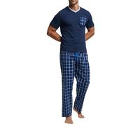 POMPEA Pigiama Uomo Liam in Cotone, Pigiama Lungo con T-Shirt Scollo a V e Pantalone in Tela con Fantasia a Scacchi (Tg. M - Blu Notte)