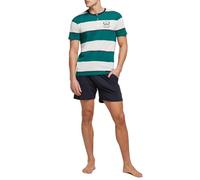 POMPEA Pigiama Uomo Lucio in Cotone, Pigiama Corto con T-Shirt a Righe Scollo Serafino e Pantaloncino Tinta Unita con Tasche Laterali (Tg. XL - Nero Carbone)