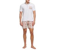 POMPEA Pigiama Uomo Remo in Cotone, Pigiama Corto T-Shirt Scollo Serafino con Taschino e Pantaloncino con Fantasia a Righe (Tg. XL - Bianco)