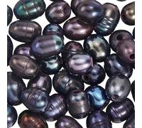 PONABEADIY 1 Scatola da 50 Pezzi di Perle Ovali d'Acqua Dolce Naturali Nere da 7~10mm, Perle da 1.8mm, Grandi, A Forma di Riso Coltivato, Perle Vere Sfuse, per La Creazione di Gioielli, Bracciali, C