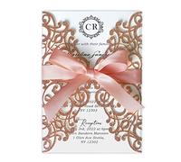 PONATIA 25 biglietti di invito per matrimonio tagliati al laser, con buste e nastri, per matrimoni, baby shower, fidanzamento, 16° compleanno (oro rosa glitterato)
