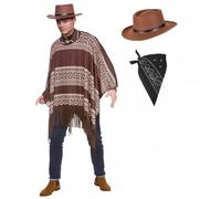 Poncho da cowboy occidentale + cappello da pistolero + bandana nera: costume da uomo da uomo selvaggio West Drifter
