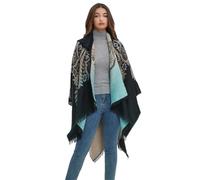 Poncho da donna con stampa piuma, in cashmere, con cappuccio, lungo, per primavera, autunno e inverno, Nero , Taglia unica