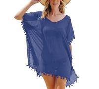 Poncho da spiaggia estivo da donna, costume da bagno con nappe, stile boho, spiaggia, tunica, bikini Beachwear Cover-Up per spiaggia estiva, piscina, blu navy, Taglia unica