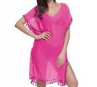 Poncho da spiaggia estivo da donna, costume da bagno con nappe, stile boho, spiaggia, tunica, bikini Beachwear Cover-Up per spiaggia estiva, piscina, rosso rose, Taglia unica