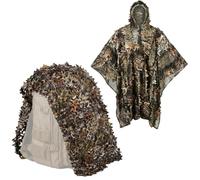 Poncho Ghillie 3D con Rete Mimetica 1,5 x 4 m, Set Caccia Outdoor 2 Pezzi | Poncho 3D Con Cappuccio, Traspirante E Ad Asciugatura Rapida, Più Rete Mimetica Poliestere