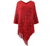 Poncho Maglione Donna Mantella Scialle Pullover Perle Poncho con Frange Moda Maglia Grossa Poncho Irregular Moda Giovane Top Scialle Cappotto Autunno Inverno,Rosso