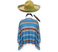 Poncho messicano unisex e cappello sombrero verde - Poncho multicolore, cappello di paglia Fiesta, baffi finti & sigaro - costume divertente per festival, feste, feste e addio al celibato