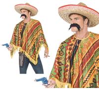 Poncho + Nero Baffi Messicano Spagnolo Uomo Wild West Costume