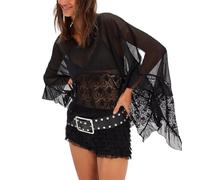 Poncho trasparente da donna oversize camicetta con maniche a pipistrello in pizzo a contrasto vedere attraverso copertura in rete increspata camicia boho fluida, nero, M