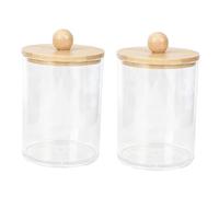 PONDON 2 supporti Qtip in acrilico con coperchio in legno, supporto rotondo in cotone trasparente, contenitori rotondi da bagno 11,4 x 7,1 cm